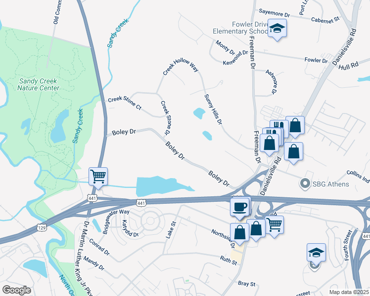 map of restaurants, bars, coffee shops, grocery stores, and more near 311 Boley Drive in Athens