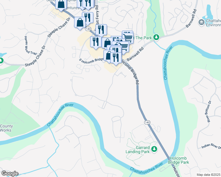 map of restaurants, bars, coffee shops, grocery stores, and more near 8643 Ellard Drive in Alpharetta