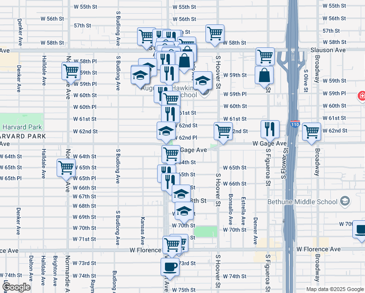 map of restaurants, bars, coffee shops, grocery stores, and more near 931 West Gage Avenue in Los Angeles