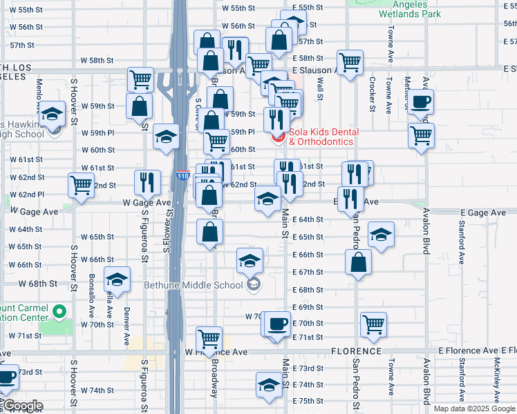 map of restaurants, bars, coffee shops, grocery stores, and more near 146 West Gage Avenue in Los Angeles