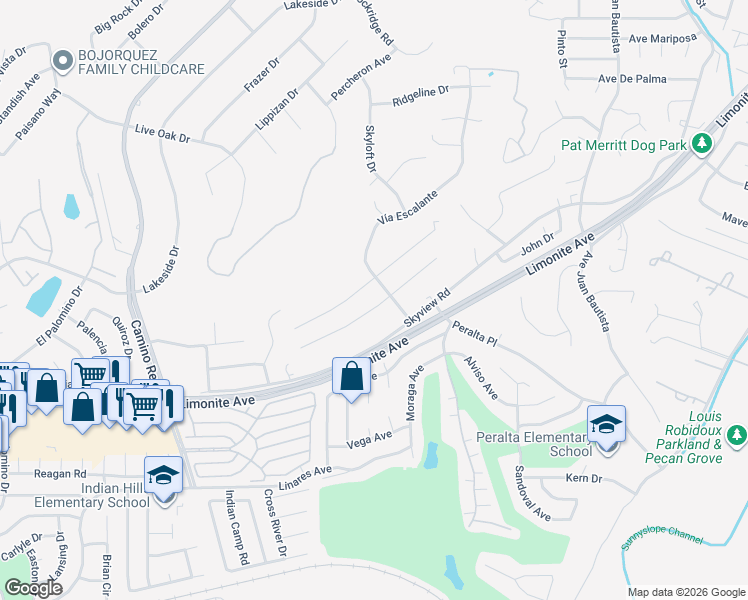 map of restaurants, bars, coffee shops, grocery stores, and more near 7267 Font Avenue in Riverside