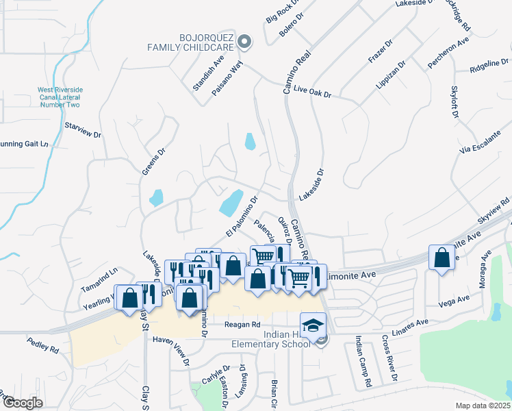 map of restaurants, bars, coffee shops, grocery stores, and more near 5838 El Palomino Drive in Riverside