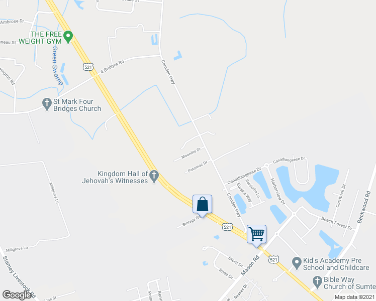 map of restaurants, bars, coffee shops, grocery stores, and more near 2641 Moonlite Drive in Sumter