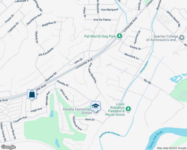 map of restaurants, bars, coffee shops, grocery stores, and more near 5780 Avenue Juan Bautista in Riverside