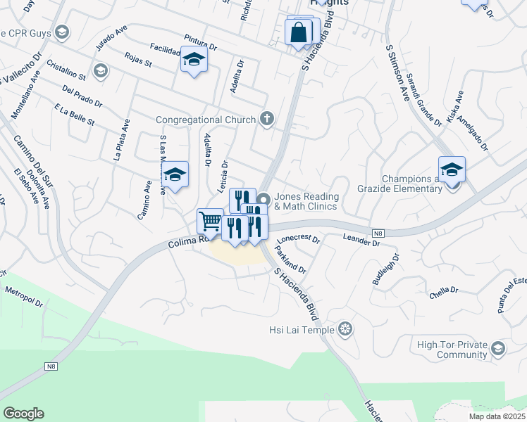 map of restaurants, bars, coffee shops, grocery stores, and more near 3052 South Hacienda Boulevard in Hacienda Heights