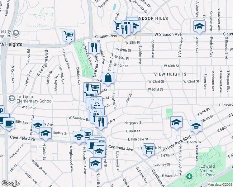 map of restaurants, bars, coffee shops, grocery stores, and more near 4542 West 63rd Street in Los Angeles