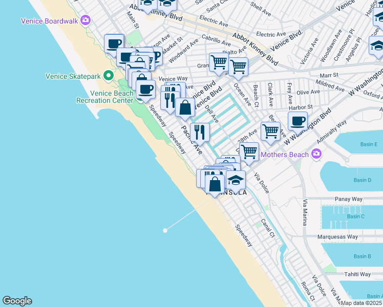 map of restaurants, bars, coffee shops, grocery stores, and more near 21 26th Avenue in Los Angeles