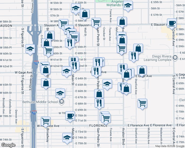 map of restaurants, bars, coffee shops, grocery stores, and more near 232 East Gage Avenue in Los Angeles