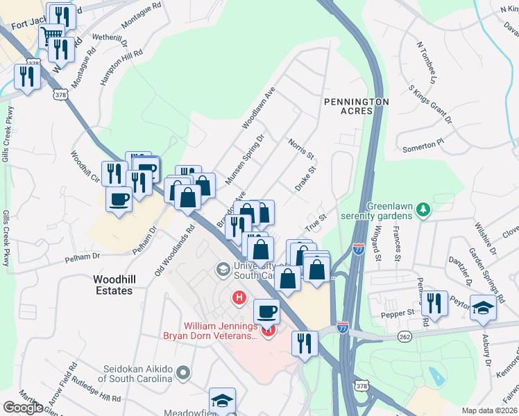 map of restaurants, bars, coffee shops, grocery stores, and more near 904 Cedar Terrace in Columbia