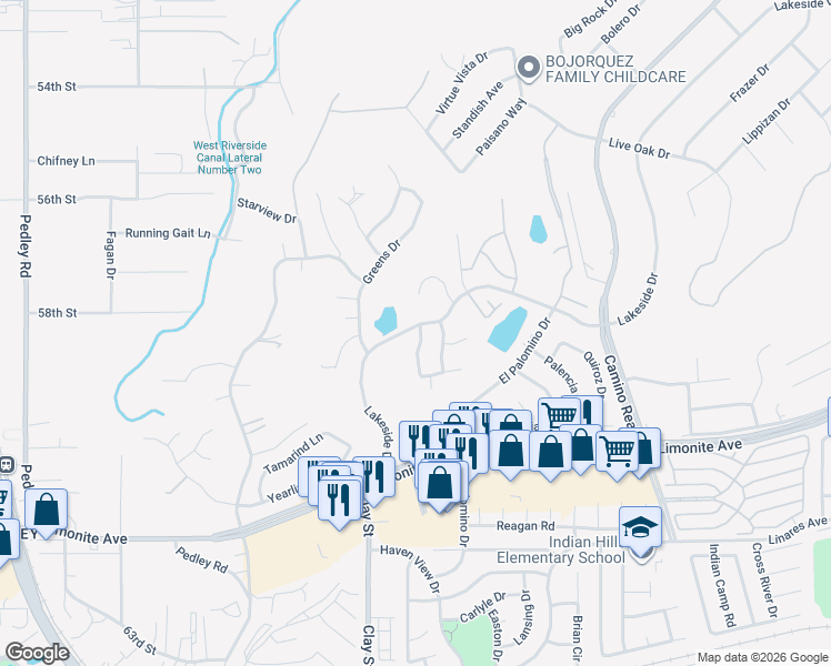 map of restaurants, bars, coffee shops, grocery stores, and more near 5813 Grinnell Drive in Riverside