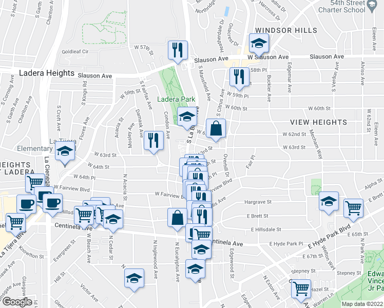 map of restaurants, bars, coffee shops, grocery stores, and more near 6274 South La Brea Avenue in Los Angeles