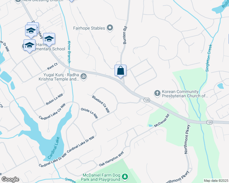 map of restaurants, bars, coffee shops, grocery stores, and more near 2636 Bluebird Circle Northwest in Duluth