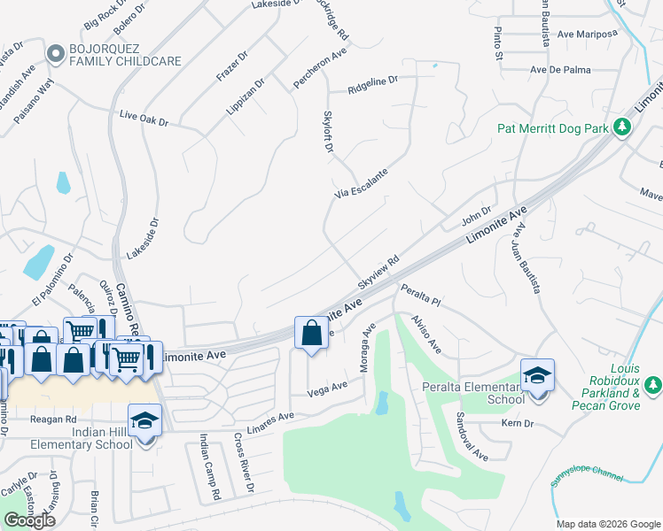 map of restaurants, bars, coffee shops, grocery stores, and more near 7267 Font Avenue in Riverside