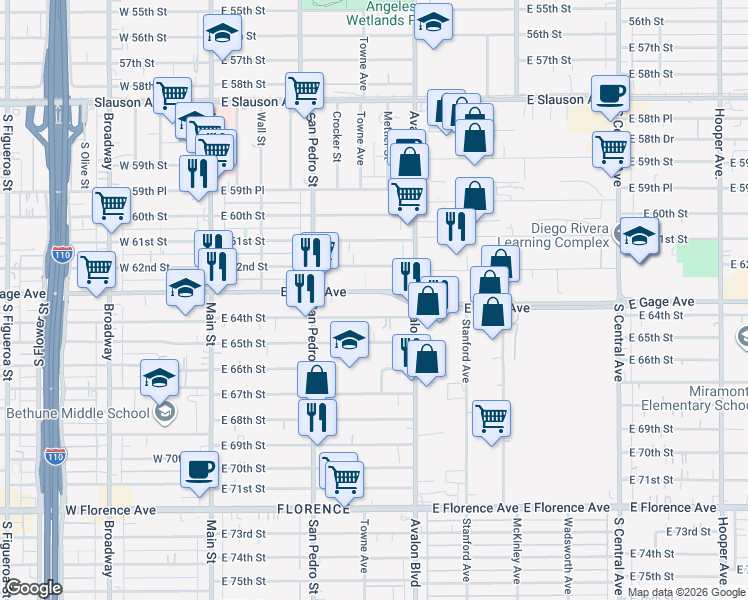 map of restaurants, bars, coffee shops, grocery stores, and more near 410 East Gage Avenue in Los Angeles