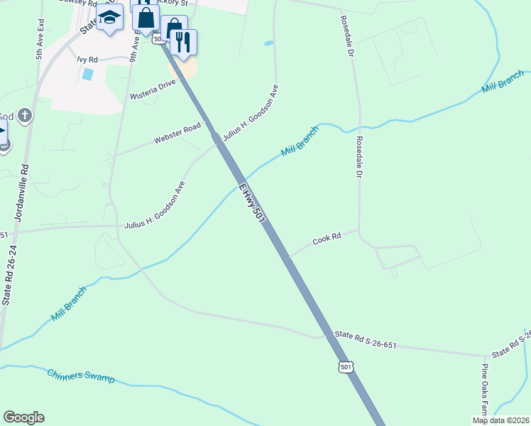 map of restaurants, bars, coffee shops, grocery stores, and more near U.S. 501 in Aynor