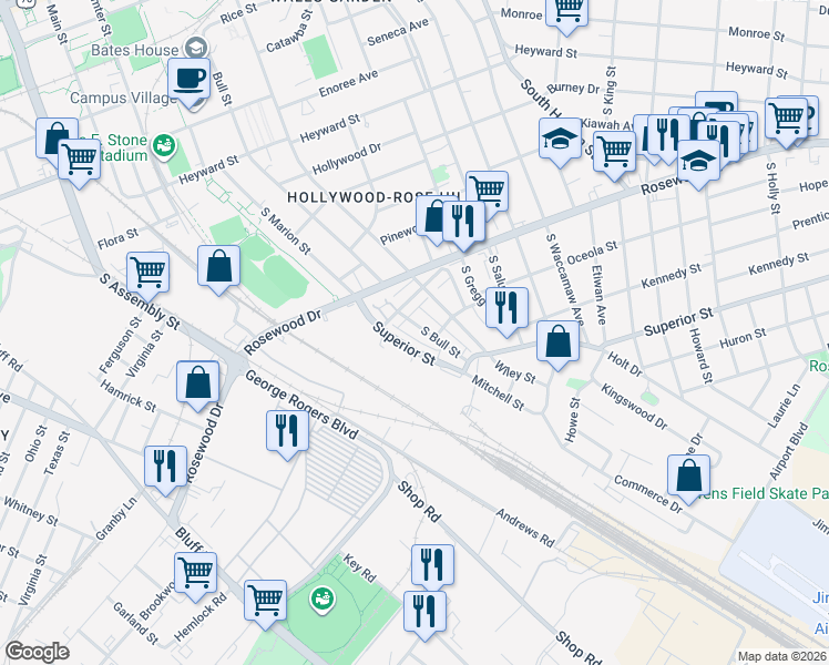 map of restaurants, bars, coffee shops, grocery stores, and more near 520 South Bull Street in Columbia