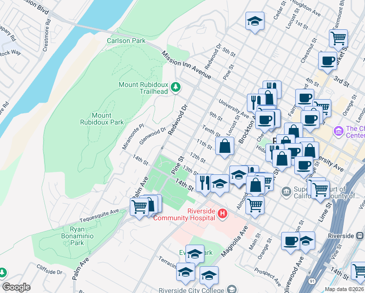 map of restaurants, bars, coffee shops, grocery stores, and more near 4415 12th Street in Riverside