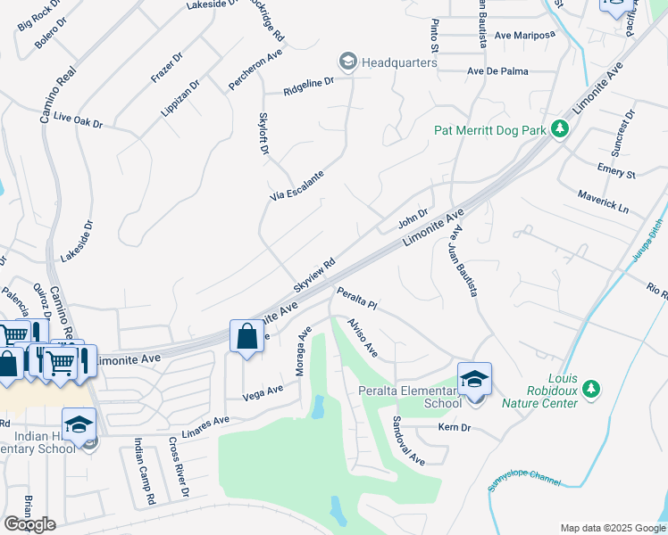 map of restaurants, bars, coffee shops, grocery stores, and more near 7162 Skyview Road in Riverside