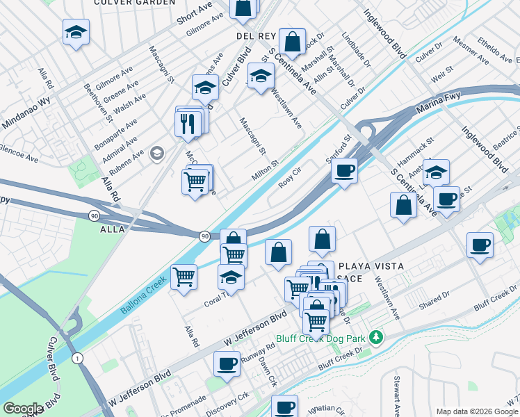 map of restaurants, bars, coffee shops, grocery stores, and more near 12721 Sanford Street in Los Angeles