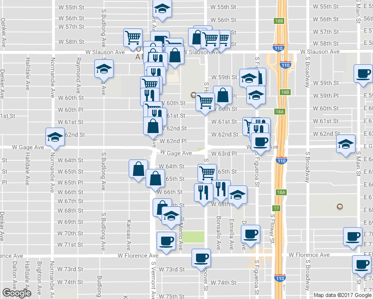 map of restaurants, bars, coffee shops, grocery stores, and more near 847 West Gage Avenue in Los Angeles