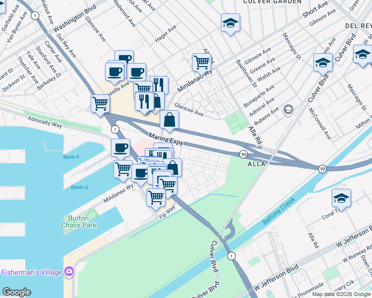 map of restaurants, bars, coffee shops, grocery stores, and more near 4738 La Villa Marina in Marina del Rey