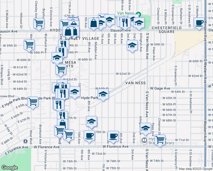 map of restaurants, bars, coffee shops, grocery stores, and more near 6325 6th Avenue in Los Angeles