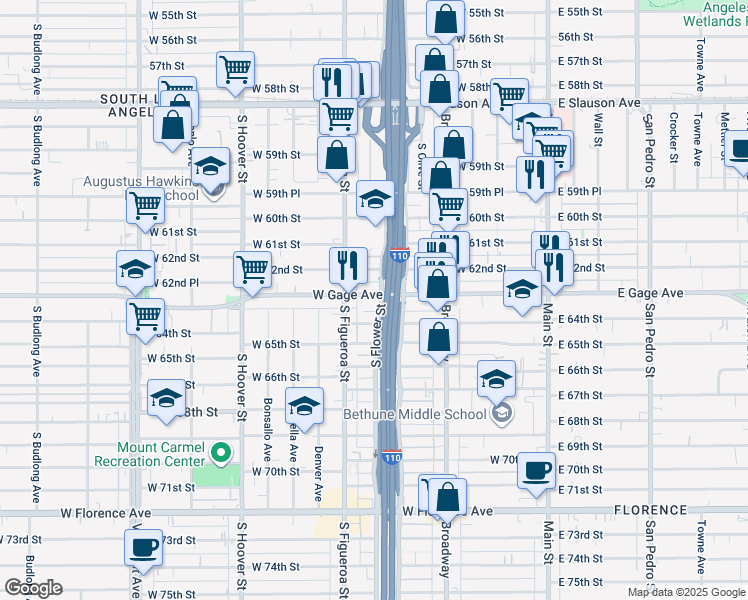 map of restaurants, bars, coffee shops, grocery stores, and more near 419 West Gage Avenue in Los Angeles