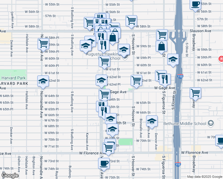 map of restaurants, bars, coffee shops, grocery stores, and more near 931 West Gage Avenue in Los Angeles