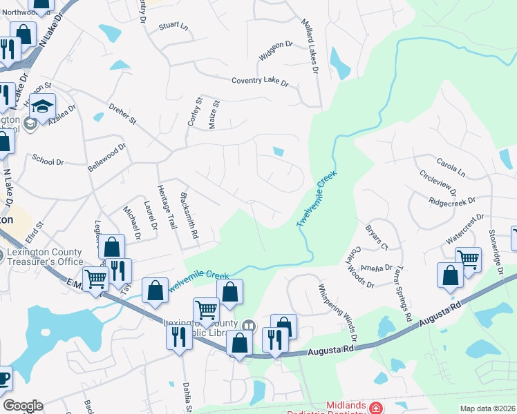 map of restaurants, bars, coffee shops, grocery stores, and more near 423 Creek Side Lane in Lexington