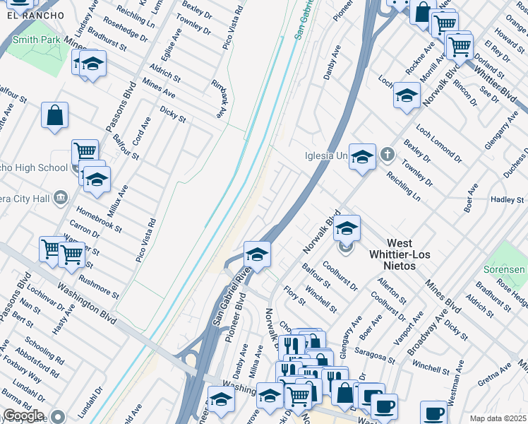 map of restaurants, bars, coffee shops, grocery stores, and more near 10550 Dunlap Crossing Road in Whittier