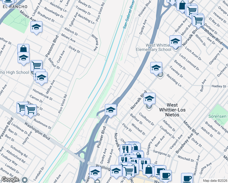 map of restaurants, bars, coffee shops, grocery stores, and more near Cypress Point Drive in Whittier