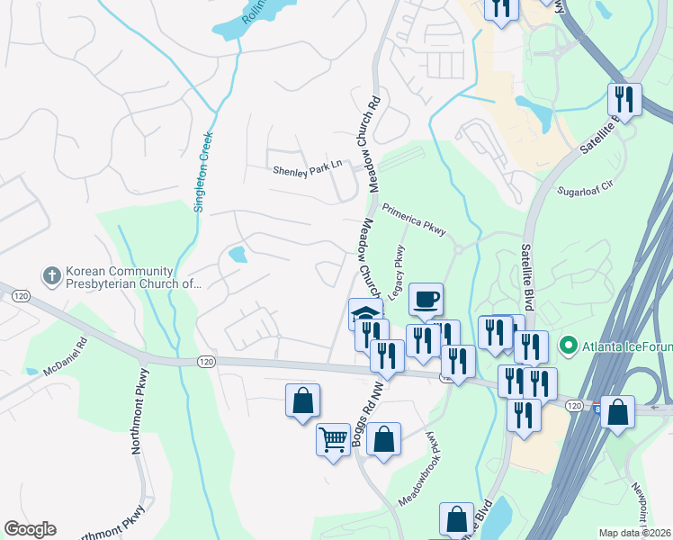 map of restaurants, bars, coffee shops, grocery stores, and more near 2398 Larkspur Run Drive in Duluth