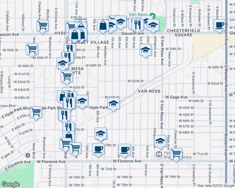 map of restaurants, bars, coffee shops, grocery stores, and more near 6325 6th Avenue in Los Angeles