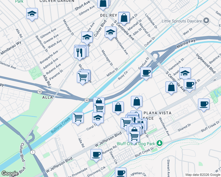 map of restaurants, bars, coffee shops, grocery stores, and more near 12721 Sanford Street in Los Angeles