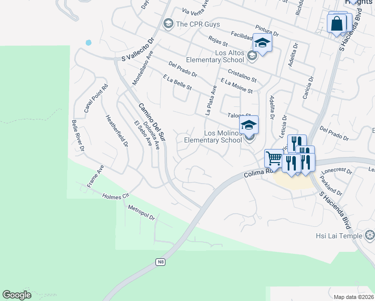 map of restaurants, bars, coffee shops, grocery stores, and more near 15420 Shadow Ridge Lane in Hacienda Heights