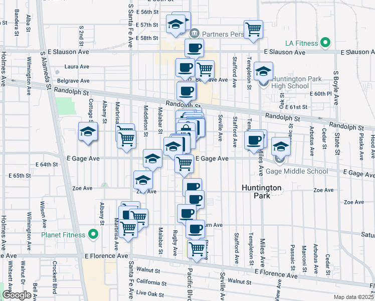map of restaurants, bars, coffee shops, grocery stores, and more near 6339 Pacific Boulevard in Huntington Park