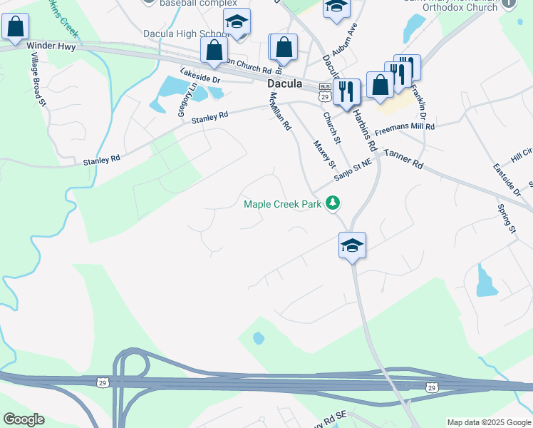 map of restaurants, bars, coffee shops, grocery stores, and more near 370 Charlyne Way in Dacula