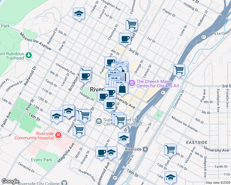 map of restaurants, bars, coffee shops, grocery stores, and more near 423 Mission Inn Avenue in Riverside