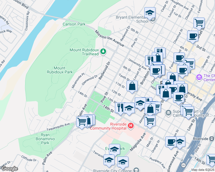 map of restaurants, bars, coffee shops, grocery stores, and more near 4435 12th Street in Riverside