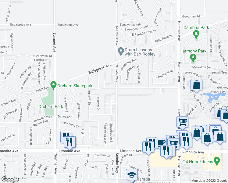 map of restaurants, bars, coffee shops, grocery stores, and more near 13026 58th Street in Eastvale