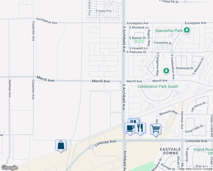map of restaurants, bars, coffee shops, grocery stores, and more near 9507 Merrill Avenue in Ontario