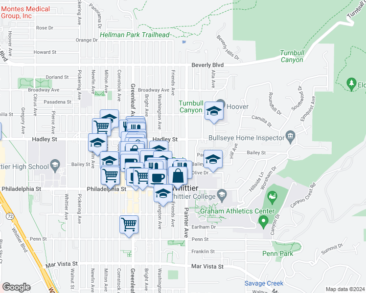 map of restaurants, bars, coffee shops, grocery stores, and more near 13310 Hadley Street in Whittier