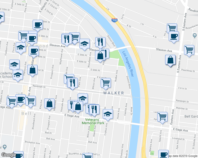 map of restaurants, bars, coffee shops, grocery stores, and more near 5057 East 61st Street in Maywood
