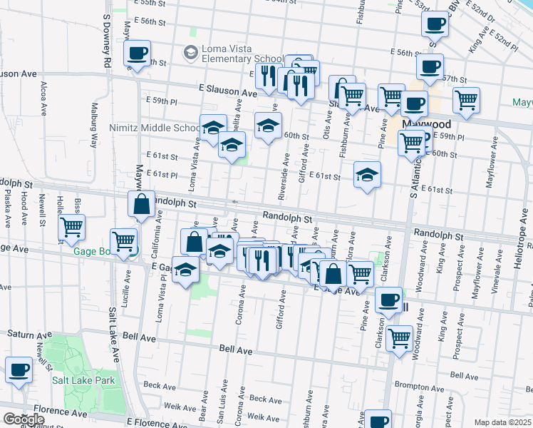 map of restaurants, bars, coffee shops, grocery stores, and more near 3927 Randolph Street in Huntington Park