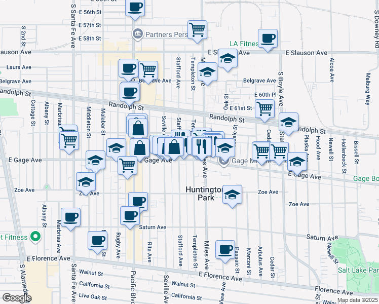 map of restaurants, bars, coffee shops, grocery stores, and more near 6336 Stafford Avenue in Huntington Park