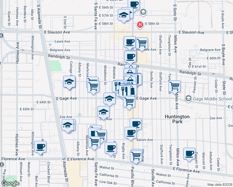 map of restaurants, bars, coffee shops, grocery stores, and more near 6346 Malabar Street in Huntington Park