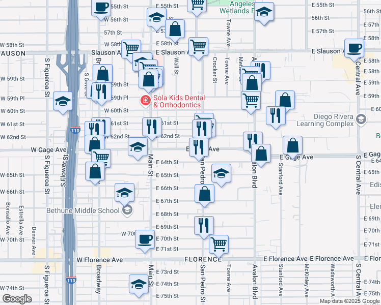 map of restaurants, bars, coffee shops, grocery stores, and more near 233 East Gage Avenue in Los Angeles