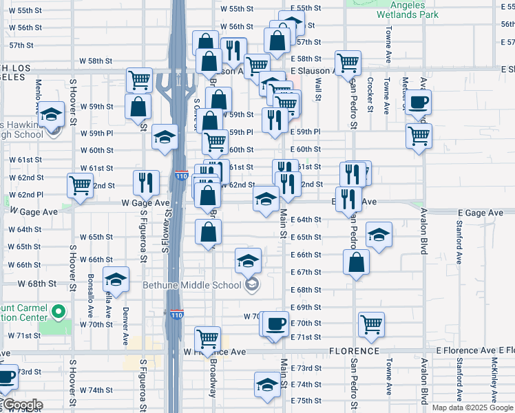 map of restaurants, bars, coffee shops, grocery stores, and more near 127 West Gage Avenue in Los Angeles