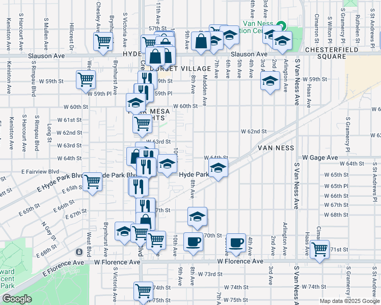 map of restaurants, bars, coffee shops, grocery stores, and more near 6315 Madden Avenue in Los Angeles