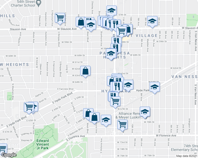 map of restaurants, bars, coffee shops, grocery stores, and more near 6314 Brynhurst Avenue in Los Angeles